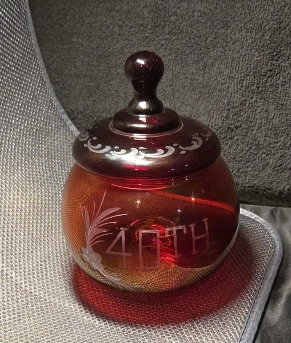 Vntg Candy Dish RUBY RED Bohemian Czech Art Glass-Cut to Clear 40th...